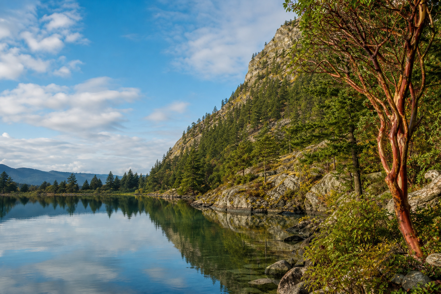 Langford lake with clear reflections, rocky evergreen hillside, and arbutus trees